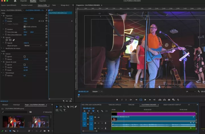 Aperçu d'un montage vidéo d'un concert musical (Jérikow) en cours sur Adobe Première Pro